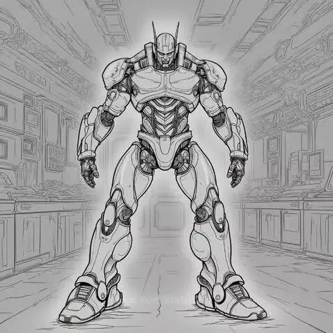 Black and white line drawing of a large, armored humanoid robot standing in a futuristic laboratory with consoles and machinery.