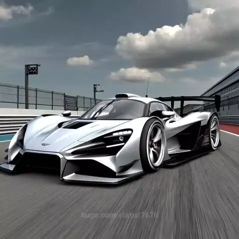 Futuristic silver race car with black accents speeding on a race track, showcasing aerodynamic design and large spoiler.