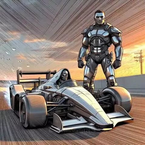 Muscular armored man and futuristic race car on a road at sunset, transitioning from line art to full color.