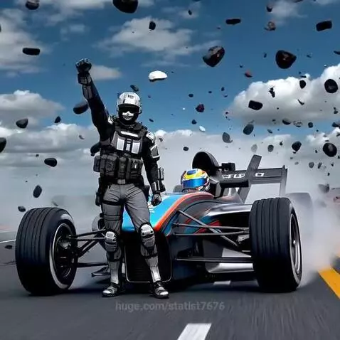 Formula 1 driver in racing suit and helmet with raised fist next to a modern F1 car, with smoke and debris in the air.