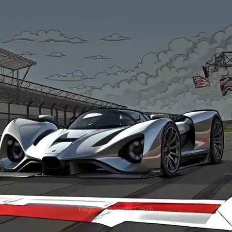 Silver futuristic race car with advanced design on a race track, comic-book style background with grandstand and flags.