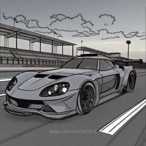 Stylized grey race car with black outlines driving on a race track with grandstands in the background.