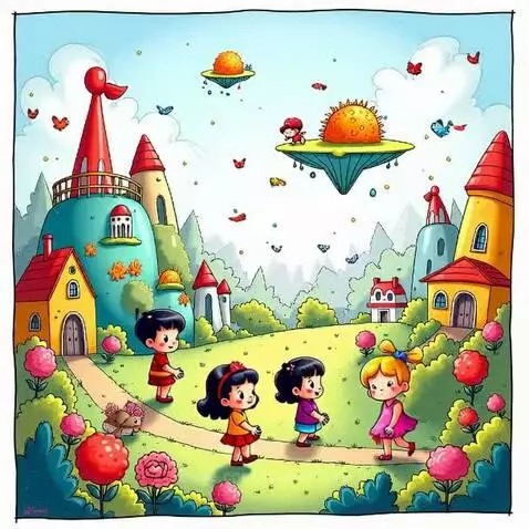 Four children walking on a path through a colorful fantasy landscape with whimsical houses and floating islands.