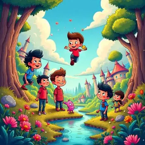Animated cartoon boys playing in a vibrant, magical fantasy landscape with castles and colorful flowers.