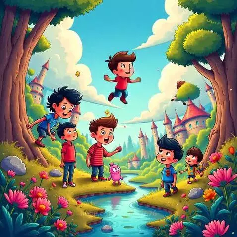 Cartoon boys playing in a magical forest with a stream, castles, and colorful flowers.