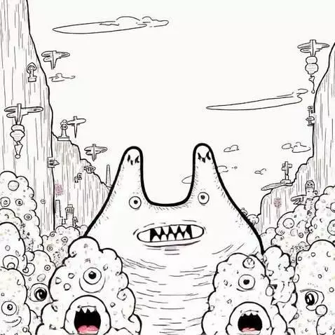 Black and white animation of a large, rabbit-eared monster with sharp teeth in a stylized valley with mountains and clouds.