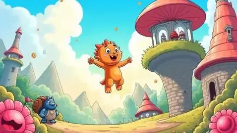 A spiky orange dragon jumps joyfully in a colorful fantasy world with mushroom towers and floating rings.