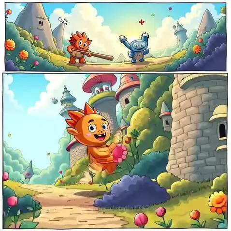 A happy orange dragon with spiky hair plays with a blue creature in a colorful, whimsical world with castles and smiling flowers.