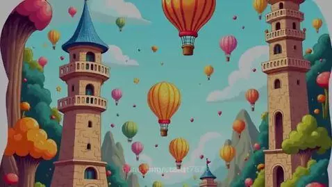 Animated fantasy landscape with colorful hot air balloons, stone towers, and whimsical trees under a blue sky.