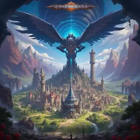 Fantastical city in a valley with mountains, a dragon descending from a portal, and lush greenery.