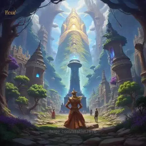 Regal figure in orange gown facing a fantasy city with glowing towers and purple trees.