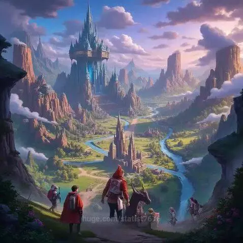Fantasy landscape with a grand castle, adventurers, and a dragon companion on a journey.