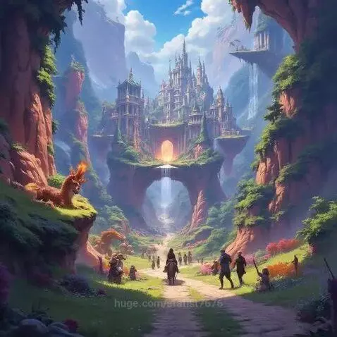 Fantasy landscape with a castle on rock formations, waterfalls, travelers, and a dragon flying in a blue sky.