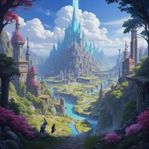 Fantasy landscape with a glowing crystal castle, river, verdant valley, and path with two figures.
