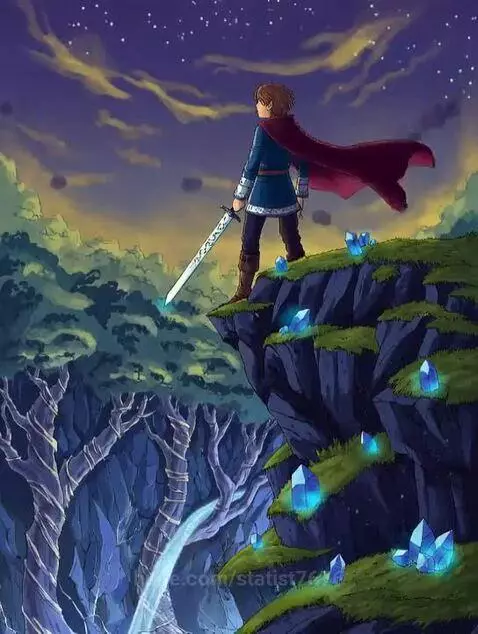 Fantasy hero with red cape and glowing sword stands on a cliff edge overlooking a valley with blue crystals and gnarled trees.