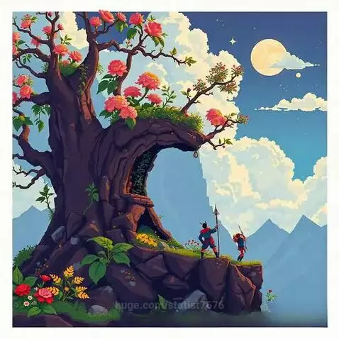 Fantastical landscape with a large glowing moon, ancient tree with flowers, adventurers, and misty mountains.