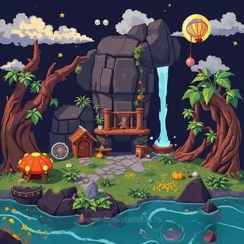 Pixel art fantasy landscape at night with a waterfall, gnarled trees, a small house, and glowing mushrooms.