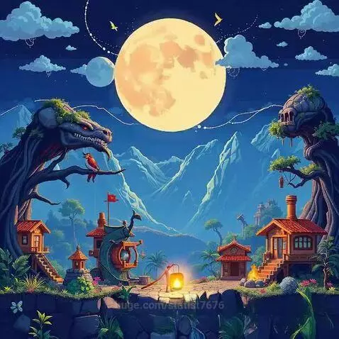Fantasy night landscape with glowing moons, traditional houses on platforms, and a dragon-shaped tree.