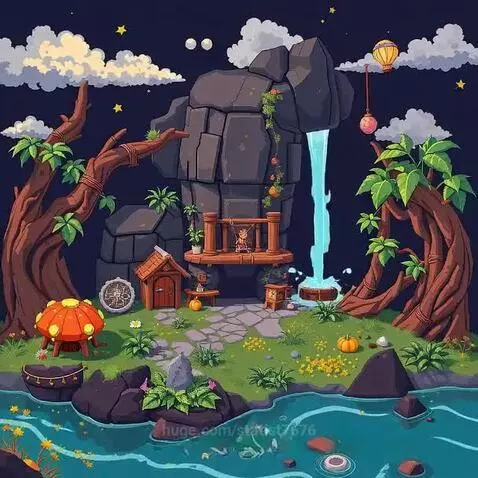 Fantasy night landscape with a house, waterfall, glowing mushroom, and hot air balloon.