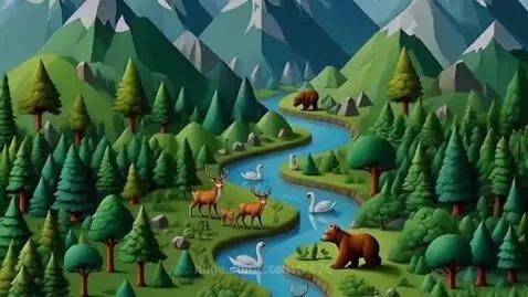 Stylized animated landscape with green mountains, a blue river, evergreen trees, bears, deer, and swans.