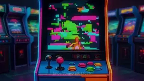 Close-up of a vintage arcade machine screen showing a pixelated orange spaceship firing at colorful shapes.