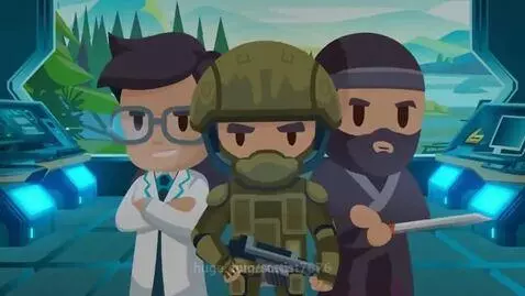 Three stylized cartoon characters, a scientist, soldier, and ninja, in a futuristic control room with glowing blue screens.