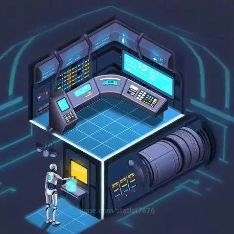 Isometric futuristic control room with a white and blue robot at a glowing yellow computer screen, featuring blue light lines.