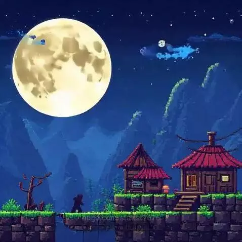 Pixel art animation of a night landscape with a large glowing moon, mountains, Japanese houses, and flying creatures.