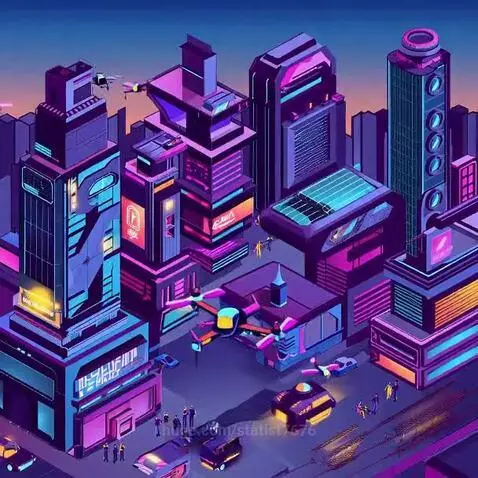Isometric animated futuristic city at dusk with neon lights, flying cars, and drones.