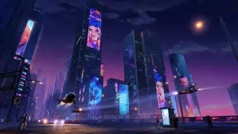 Futuristic city at dusk with glowing skyscrapers, animated billboards, and flying vehicles.