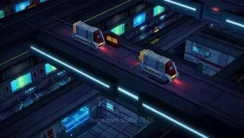 Animated futuristic city scene with dark metallic buildings, blue and red neon lights, and moving cargo vehicles on elevated tracks.