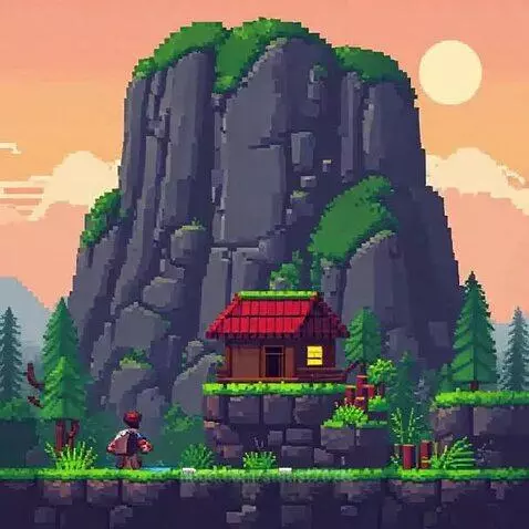 Pixel art landscape with a mountain, forest, cozy house on a cliff, and a character.
