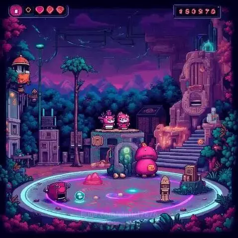 Pixel art game scene with pink axolotl characters, neon lights, futuristic buildings, and ruins.