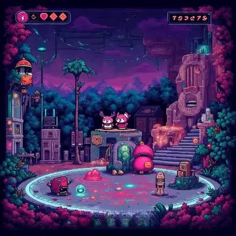 Pixel art game scene with purple, pink, and blue hues, featuring a glowing platform, cartoon characters, stylized trees, and ancient ruins.
