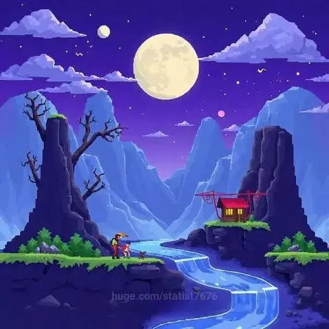 Pixel art night landscape with a large moon, mountains, river, and a small house.