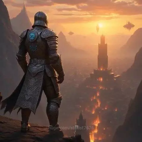 Knight on cliff overlooking a fantasy city with glowing towers and floating structures at sunset.