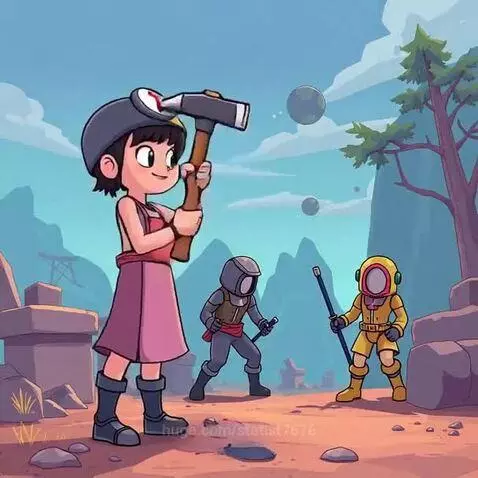 Cartoon-style game art with three characters in a rocky mountain landscape under a blue sky with floating spheres.