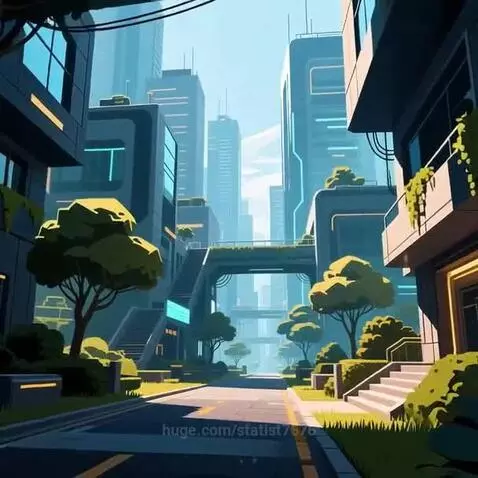 Animated futuristic cityscape with clean architecture, glowing blue lights, and green trees under a bright blue sky.