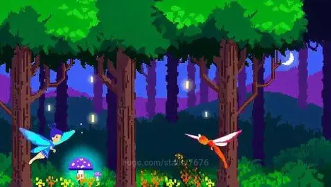 Pixel art forest at night with two fairies flying, glowing mushrooms, and a crescent moon in a purple sky.