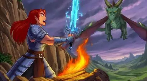 Red-haired female warrior in silver armor with a glowing blue sword fights a fire-breathing green dragon.