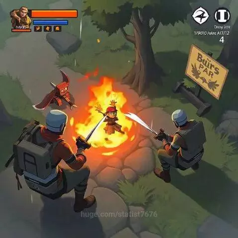 Animated isometric fantasy scene with two warriors by a campfire, one casting a spell, a crab monster nearby.