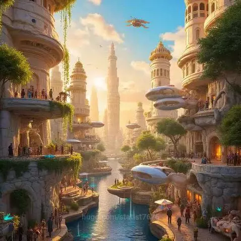 A futuristic city with intricate buildings, a winding river, flying vehicles, and warm golden light.