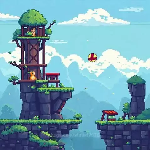 Pixel art game scene with two cats, one in a treehouse and another jumping, with a bouncing ball.