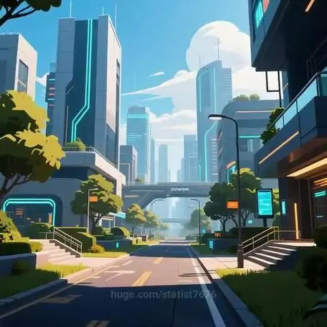 A futuristic city with tall, glowing buildings, green trees, and a pedestrian bridge labeled 'CITIZEN' under a clear blue sky.