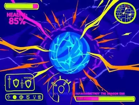Abstract animation of a glowing blue orb with orange and pink energy streaks, game UI elements, and a dragon egg quest objective.