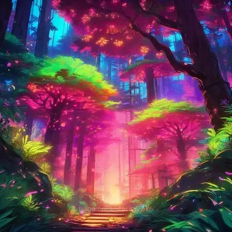 A fantastical neon forest with glowing pink, purple, blue, and green foliage and a luminous path.