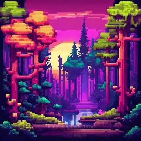 Pixel art of a neon forest with tall trees, a reflective water body, and a bright sun against a pink and purple sky.