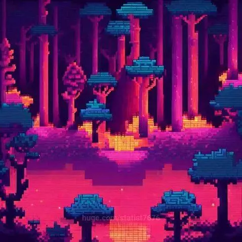 Vibrant neon pixel forest with glowing purple, pink, and blue trees and a reflective orange-yellow glowing ground.