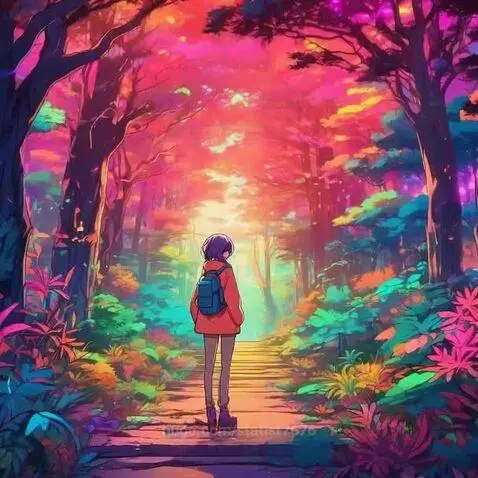 Anime character with red jacket and blue backpack walks on a path through a colorful, neon forest towards a bright light.