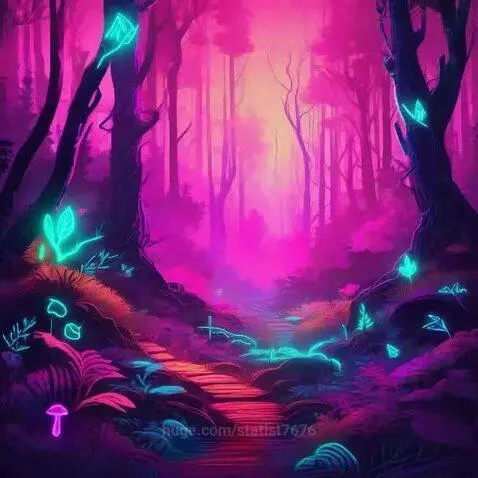 A fantastical forest bathed in neon pink and purple light, with glowing cyan plants and a prominent color-changing mushroom.